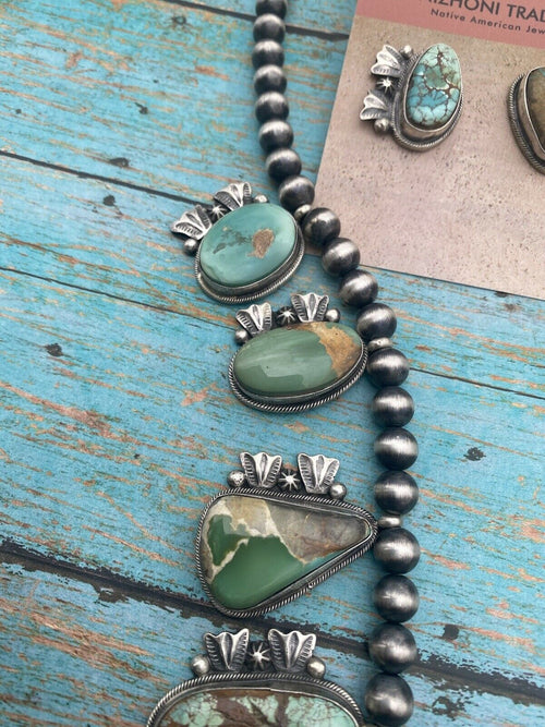 Stunning Handcrafted Sterling Silver Royston Turquoise Beaded Necklace & Earring Set by Bobby Johnson