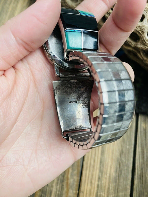 Handcrafted Old Pawn Vintage Onyx, Malachite, Opal & Sterling Silver Inlay Watch