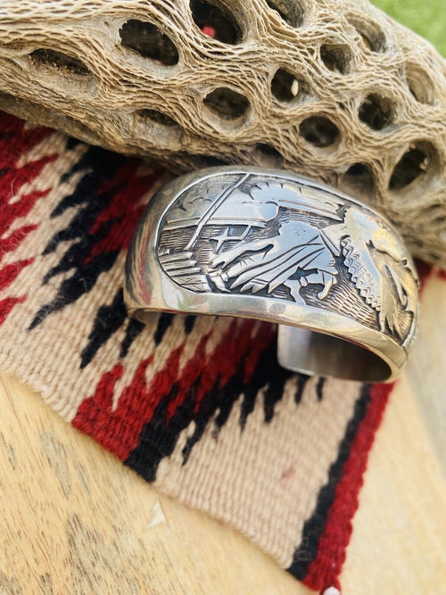 Vintage Handcrafted Sterling Silver Story Teller Cuff Bracelet