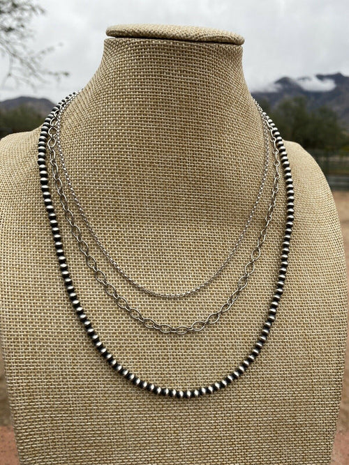 Handcrafted 3 Strand Sterling Silver Navajo Pearl & Chain Necklace 16-20 Inches