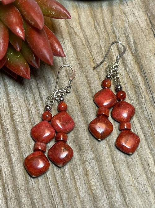 Handcrafted Sterling Silver Apple Coral 2 Strand Beaded Earrings