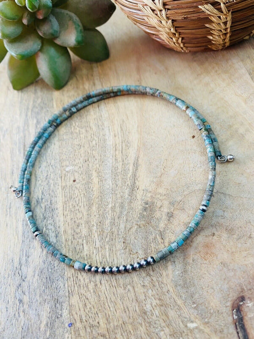 Handmade Turquoise & Sterling Silver Beaded Wrap Choker Necklace