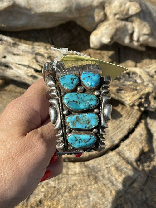 Vintage Handcrafted Sterling Silver & Kingman Turquoise Non Working Watch Bracelet