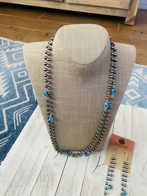 Handcrafted Kingman Turquoise & Sterling Silver Pearl Beaded Necklace Set