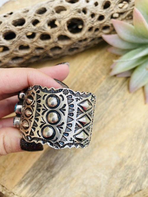 Vintage Navajo Turquoise & Sterling Silver Hand Stamped Cuff Bracelet /