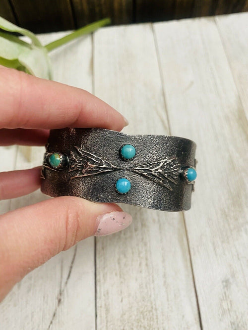 Handcrafted Old Pawn Vintage Turquoise & Sterling Silver Tufa Cast Cuff Bracelet /