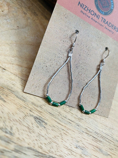 Handcrafted Sterling Liquid Silver & Malachite Beaded Dangle Earrings