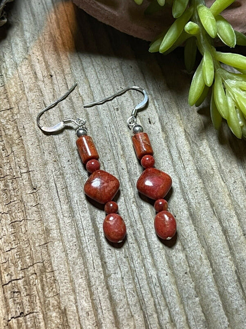 Handcrafted Sterling Silver Apple Coral Strand Beaded Earrings