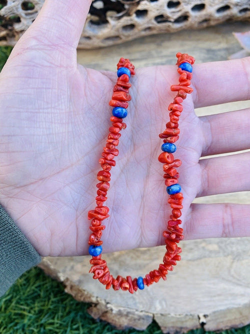 Handcrafted Apple Coral & Lapis Beaded Necklace