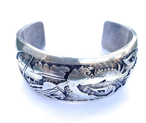 Vintage Handcrafted Sterling Silver Story Teller Cuff Bracelet