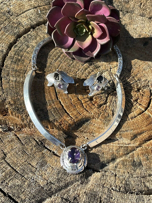 Handcrafted Vintage Amethyst & Sterling Silver Necklace and Earrings Set