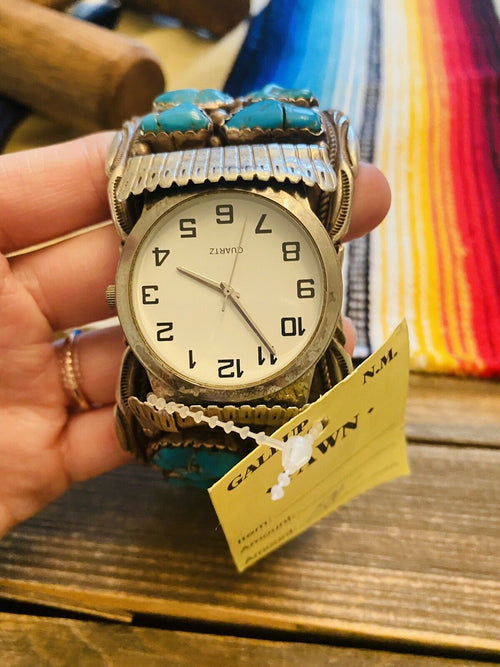 Handcrafted Vintage Turquoise & Sterling Silver Jumbo Watch Cuff Signed