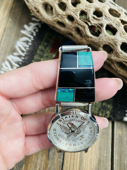 Handcrafted Old Pawn Vintage Onyx, Malachite, Opal & Sterling Silver Inlay Watch
