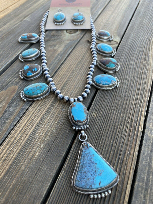 Handcrafted Sterling Silver Royston Turquoise Beaded Necklace & Earring Set