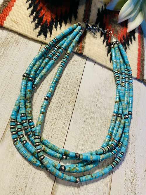 Handcrafted Turquoise & Sterling Silver Beaded 5 Strand Beaded Necklace