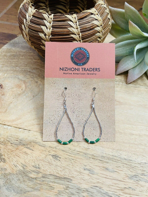 Handcrafted Sterling Liquid Silver & Malachite Beaded Dangle Earrings