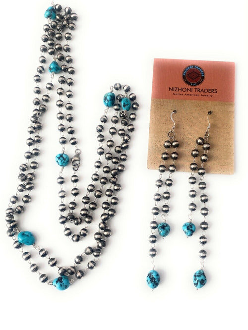 Handcrafted Kingman Turquoise & Sterling Silver Pearl Beaded Necklace Set