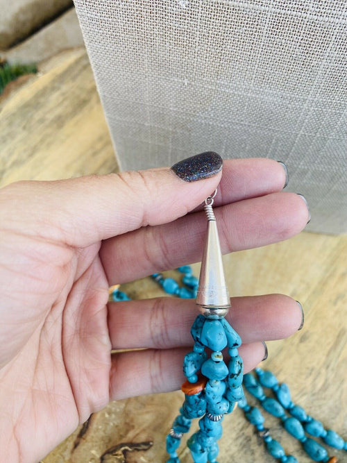 Handcrafted Vintage Sterling Silver, Turquoise & Spiny Beaded Necklace