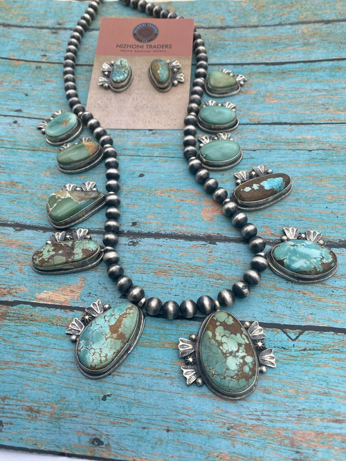 Stunning Handcrafted Sterling Silver Royston Turquoise Beaded Necklace & Earring Set by Bobby Johnson