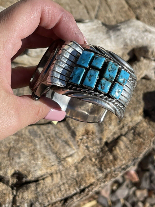 Vintage Handcrafted Sterling Silver & Kingman Turquoise Non Working Watch Bracelet