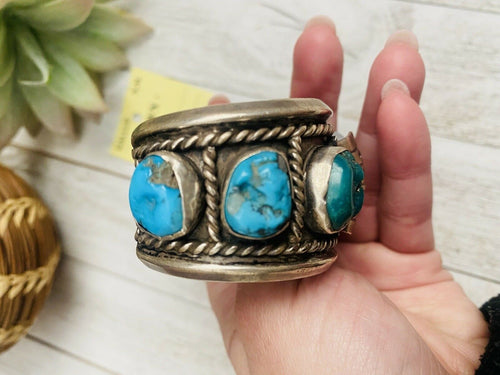 Handcrafted Old Pawn Vintage Kingman Turquoise & Sterling Silver Watch Cuff