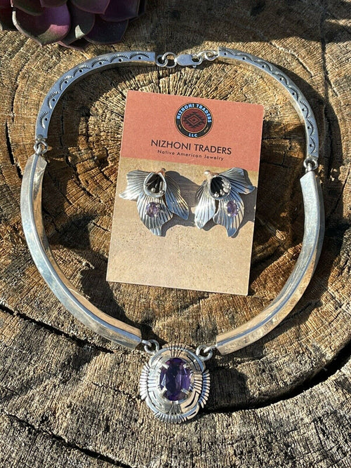 Handcrafted Vintage Amethyst & Sterling Silver Necklace and Earrings Set