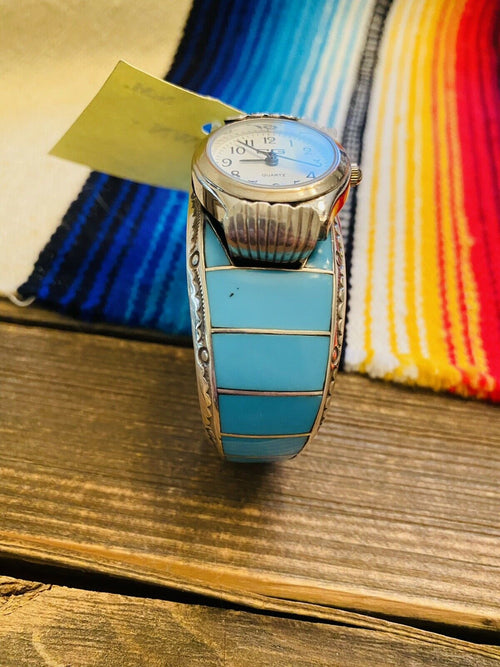 Handcrafted Vintage Turquoise & Sterling Silver Inlay Watch Cuff Signed