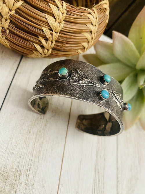 Handcrafted Old Pawn Vintage Turquoise & Sterling Silver Tufa Cast Cuff Bracelet /