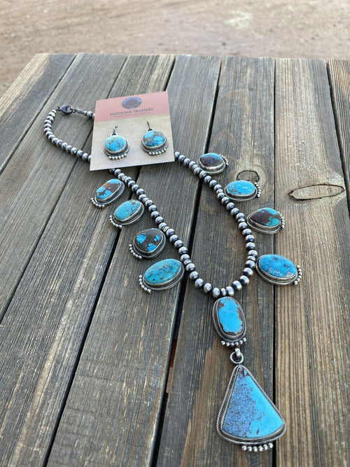 Handcrafted Sterling Silver Royston Turquoise Beaded Necklace & Earring Set