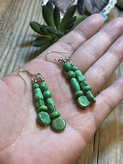 Handcrafted Sterling Dyed Green Kingman Turquoise Multi Bead Earrings