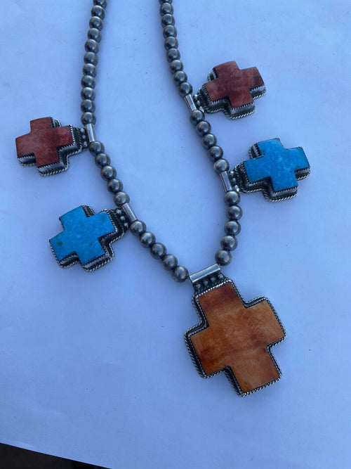 Handcrafted Buffalo Dancer Kingman Turquoise & Spiny Sterling Cross Beaded Necklace Signed