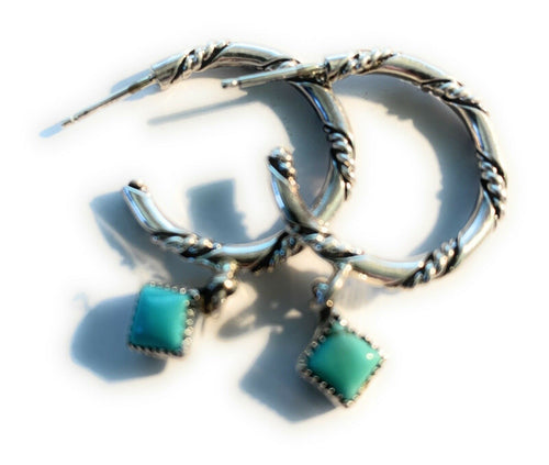 Handcrafted Turquoisee & Sterling Silver Braided Charm Hoops