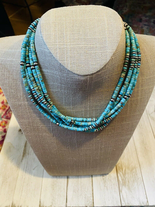 Handcrafted Turquoise & Sterling Silver Beaded 5 Strand Beaded Necklace