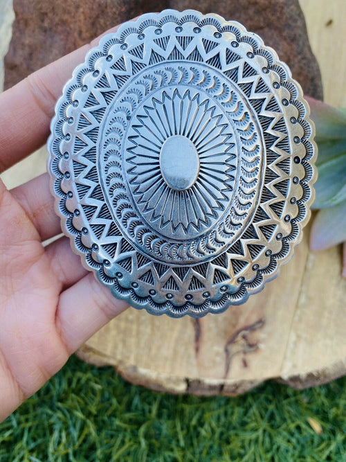 Vintage Navajo Hand Stamped Sterling Silver Belt Buckle Signed