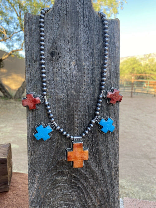 Handcrafted Buffalo Dancer Kingman Turquoise & Spiny Sterling Cross Beaded Necklace Signed