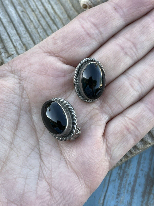 Handcrafted Vintage Sterling Silver Black Onyx Oval Clip On Earrings Signed