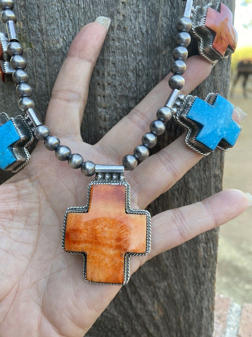 Handcrafted Buffalo Dancer Kingman Turquoise & Spiny Sterling Cross Beaded Necklace Signed