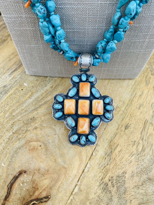 Handcrafted Vintage Sterling Silver, Turquoise & Spiny Beaded Necklace