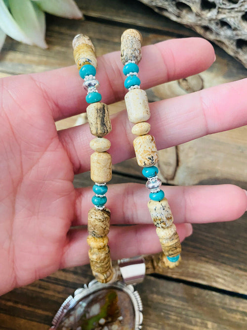 Handcrafted Jasper, Turquoise And Sterling Silver Beaded Necklace & Pendant Signed