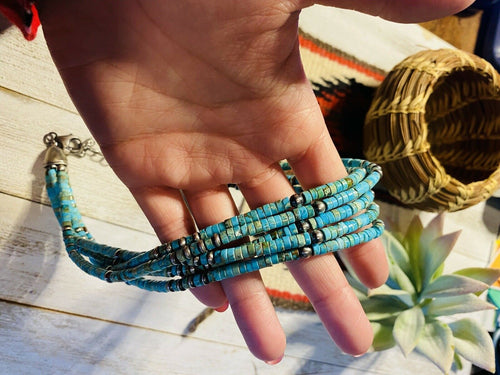 Handcrafted Turquoise & Sterling Silver Beaded 5 Strand Beaded Necklace