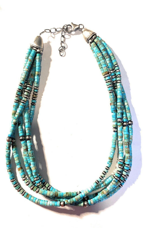 Handcrafted Turquoise & Sterling Silver Beaded 5 Strand Beaded Necklace