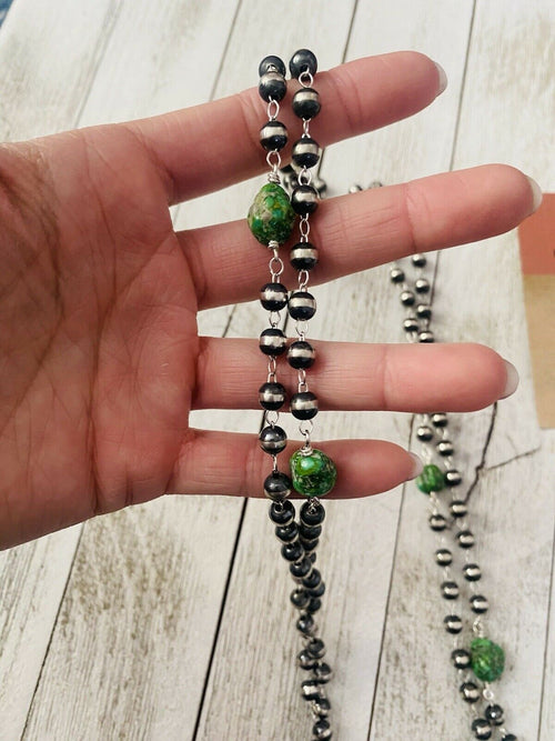 Handcrafted Sonoran Gold Turquoise & Sterling Silver Pearl Beaded Necklace Set