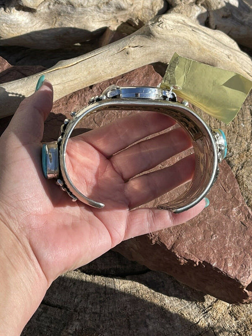 Handcrafted Vintage Sterling Silver & Kingman Turquoise Non Working Watch Bracelet