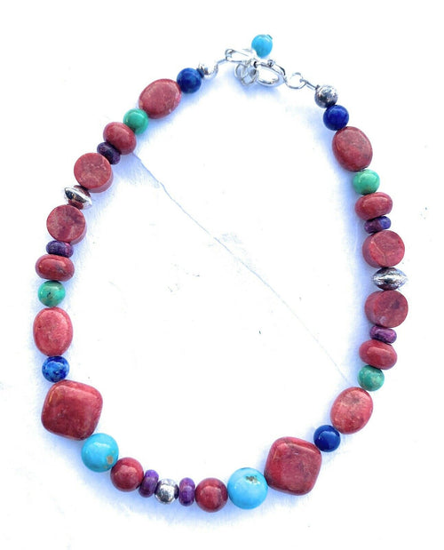 Handcrafted Coral & Multi Stone Sterling Silver Beaded Bracelet
