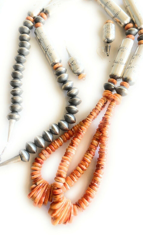 Handcrafted Sterling Silver Handmade Orange Spiny Jacla Necklace & Earring Set