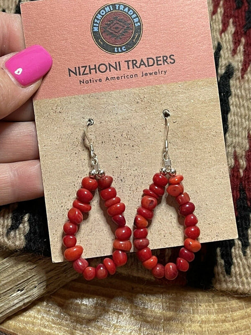 Handcrafted Sterling Silver Bead Apple Coral Dangle 2”Long Hoop Earrings