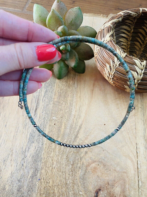 Handmade Turquoise & Sterling Silver Beaded Wrap Choker Necklace