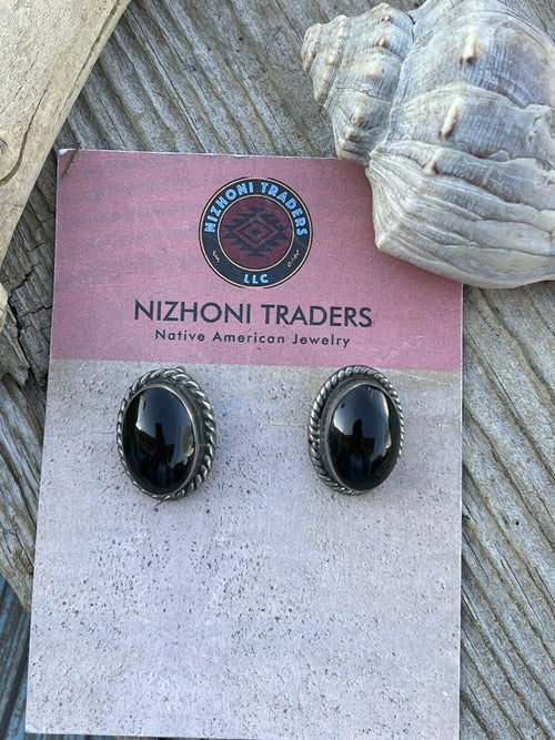 Handcrafted Vintage Sterling Silver Black Onyx Oval Clip On Earrings Signed
