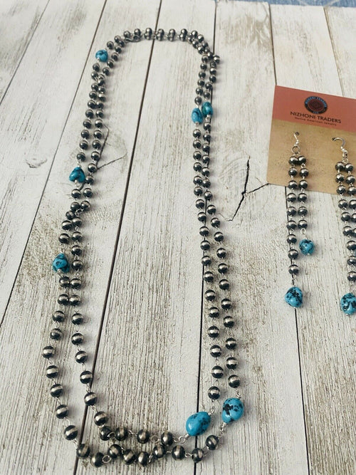 Handcrafted Kingman Turquoise & Sterling Silver Pearl Beaded Necklace Set