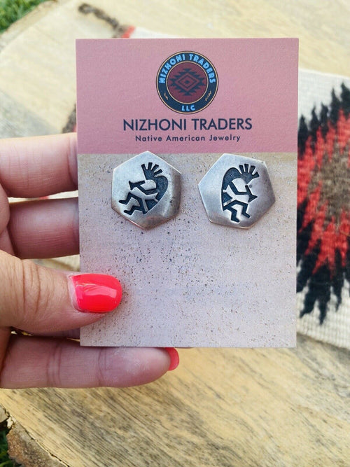 Vintage Hopi Sterling Silver Overlay Kokopelli Stud Earrings
